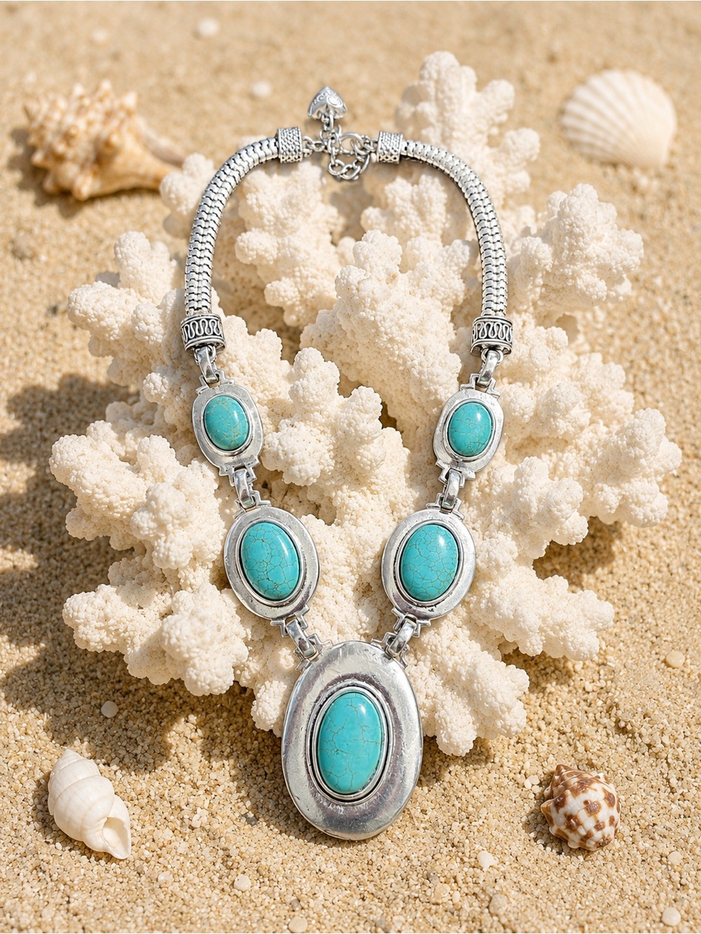 🆕Silver-Tone Turquoise Statement Necklace - Women Jewelry